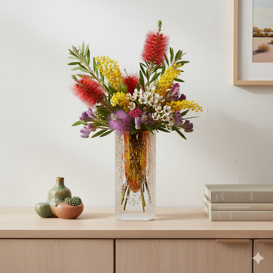 Clear vase with colorful flowers on a wooden surface with books and decorative items.