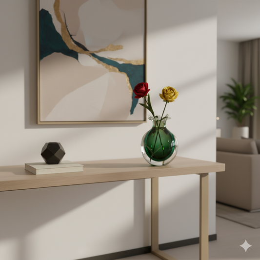Modern interior with a wooden console table, vase with flowers, and abstract art on a white wall.