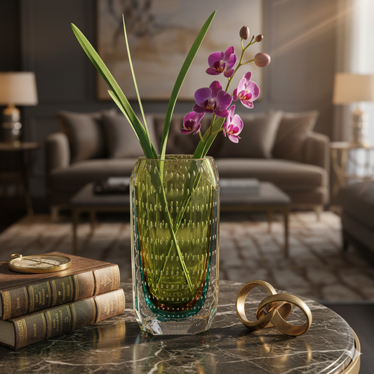 Decorative vase with flowers on a table in a living room setting