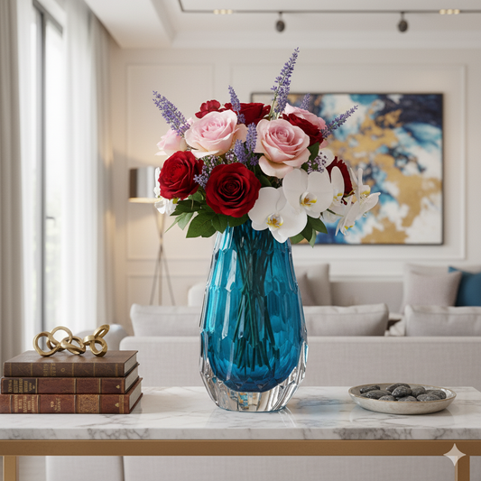 Blue vase with colorful flowers on a table in a living room setting