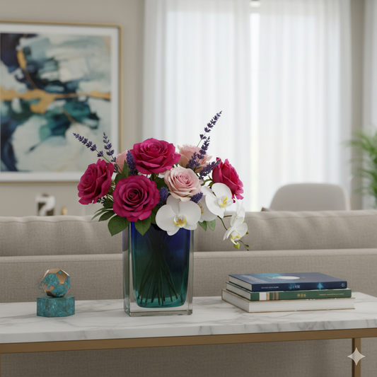 Floral arrangement in a blue vase on a coffee table with books and a decorative object.