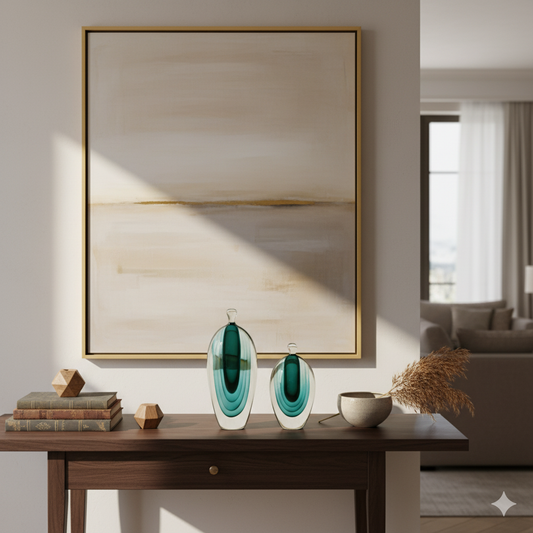 Decorative table with vases, books, and a bowl in front of an abstract painting in a living room.
