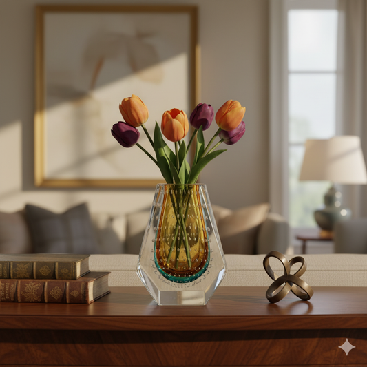 Vase with colorful tulips on a wooden table in a living room setting