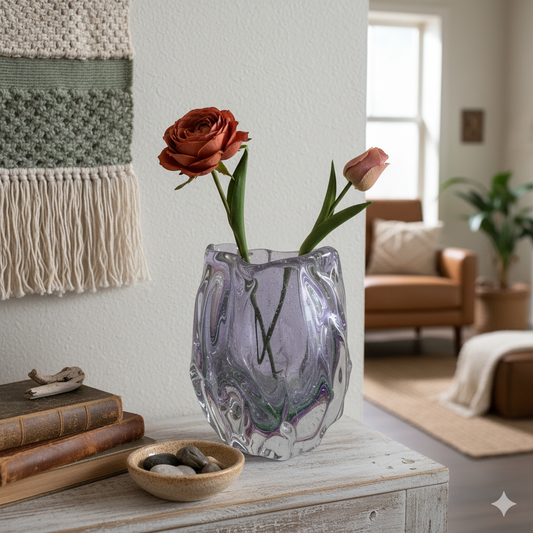 Glass vase with flowers on a wooden surface in a cozy living room.