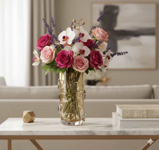 Bouquet of flowers in a glass vase on a marble table with a blurred background