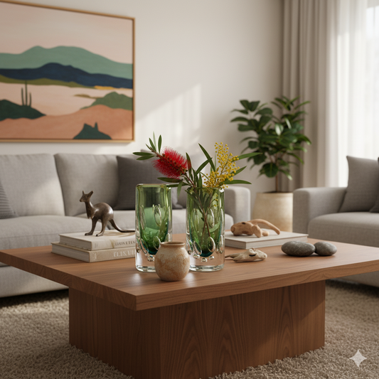 Living room with a wooden coffee table, decorative items, and a couch.