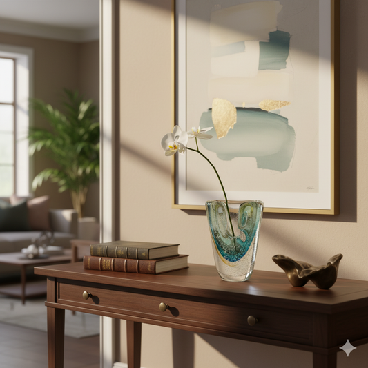 Decorative setup with a vase, books, and a framed abstract painting on a wooden console table.