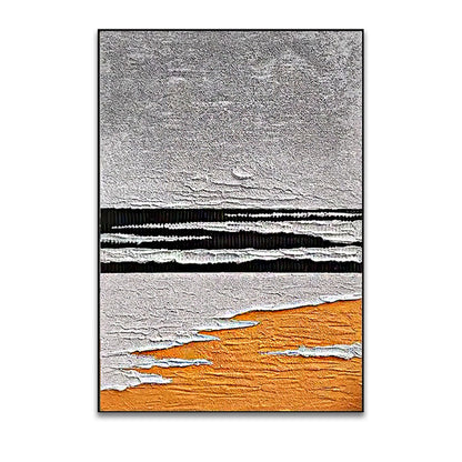 Abstract art piece with textured patterns in gray, black, and orange on a white background