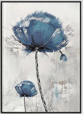 Abstract painting of blue flowers on a light gray background