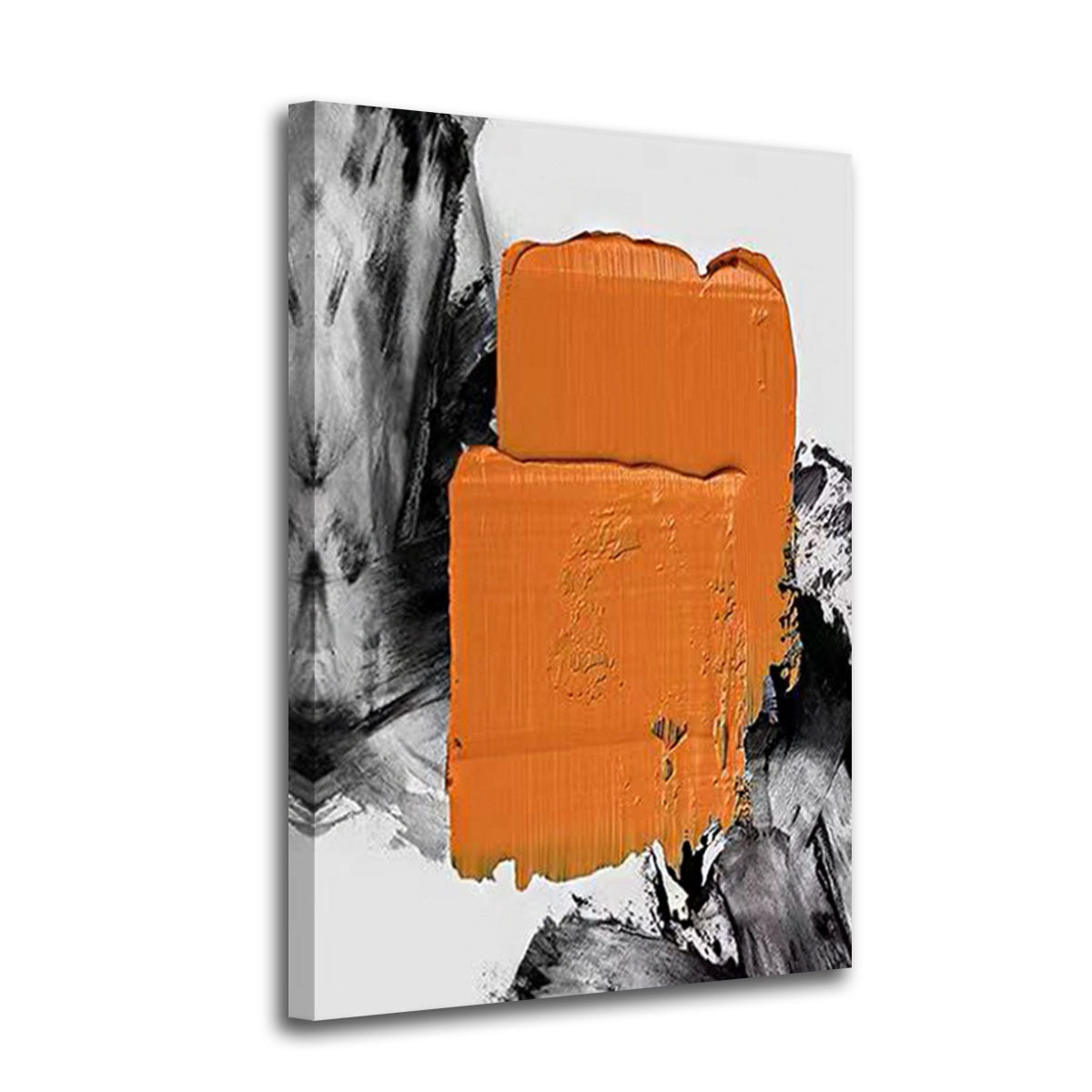 Abstract art piece with orange and black brush strokes on a white background