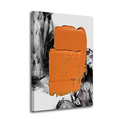 Abstract art piece with orange and black brush strokes on a white background