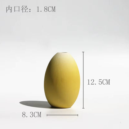 Yellow ceramic egg-shaped object with measurements on a white background