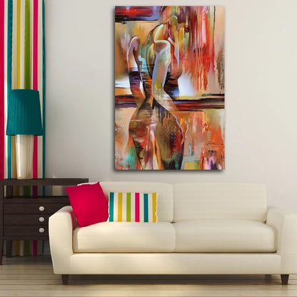 Modern living room with a white sofa, colorful pillows, and a large abstract painting on the wall.
