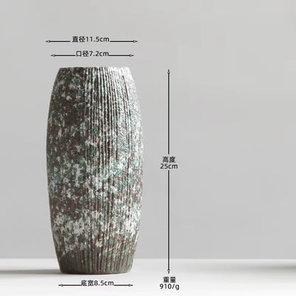 Decorative vase with measurements on a light gray background