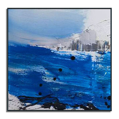 Abstract art piece with blue and black colors on a white background