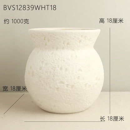 White textured vase with dimensions labeled on a light gray background