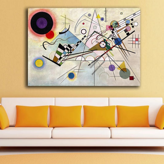Abstract painting on a wall above a white sofa with orange cushions.