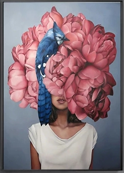 Artistic depiction of a person with large pink flowers and a blue bird superimposed on their head against a gray background.