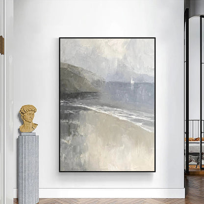 Abstract landscape painting on a wall with a classical bust sculpture below.
