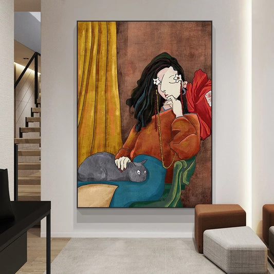 Framed artwork of a woman with a cat in a modern living room.