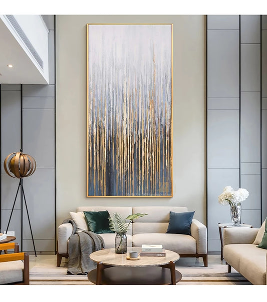 Modern living room with a large abstract painting on the wall