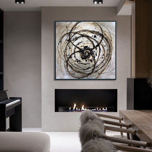 Modern living room with abstract wall art above a fireplace