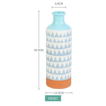 Decorative vase with geometric pattern and measurements on a white background