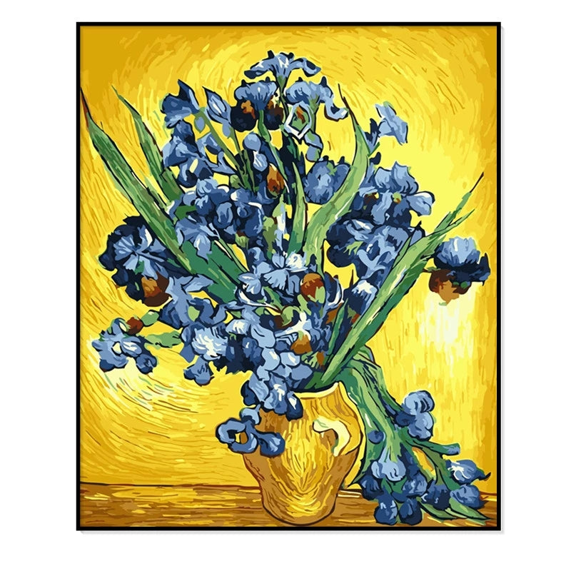 Painting of blue flowers in a yellow vase on a yellow background