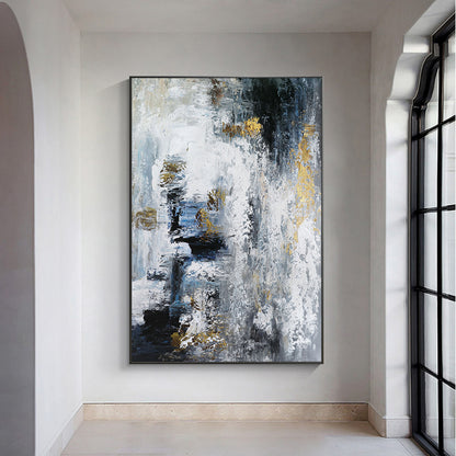 Abstract art painting in a modern interior setting with a large window.