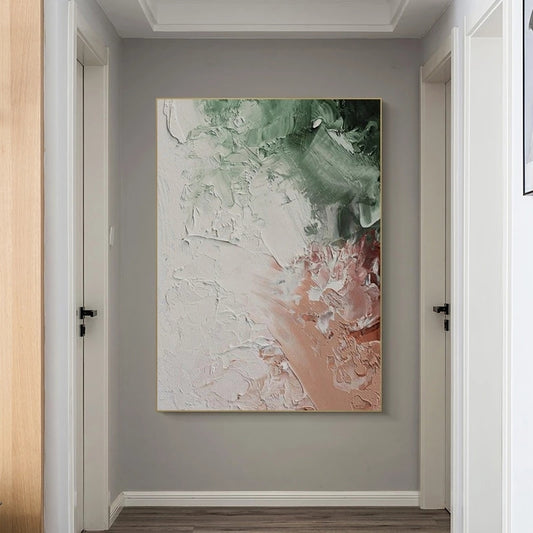 Abstract painting on a wall in a room with doors on either side
