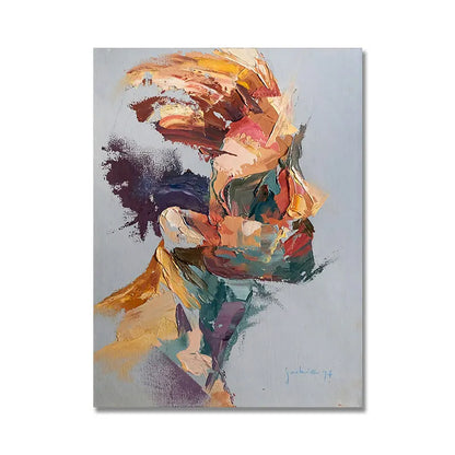 Abstract painting of a person with dynamic colors on a gray background