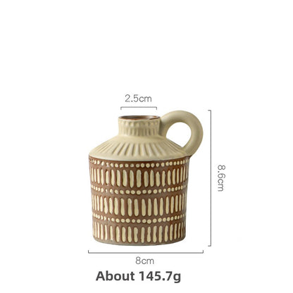 Ceramic vase with brown and beige pattern, dimensions, and weight displayed on a white background
