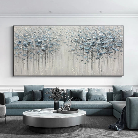 Living room with a large abstract painting on the wall above a sectional sofa.