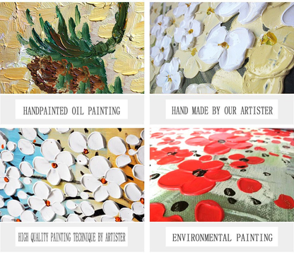 Collage of hand-painted oil paintings with floral and abstract designs.