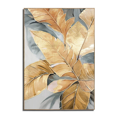 Decorative wall art with gold leaves on a gray and white background