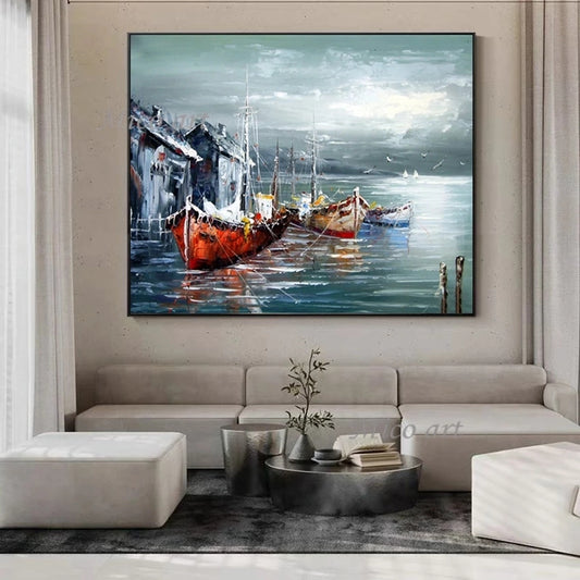 Painting of boats on a wall in a modern living room