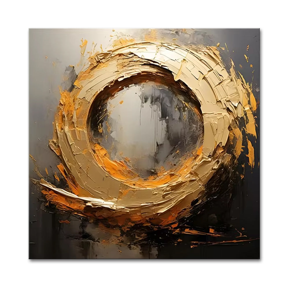Abstract art piece with gold and black circular design on a gray background