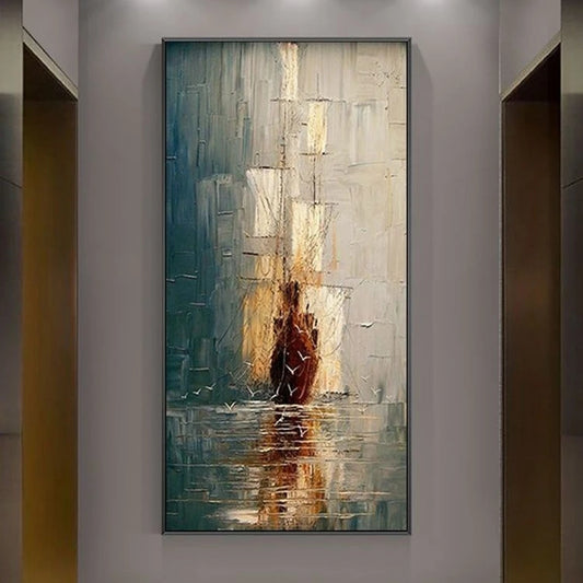 Abstract painting of a vase on a wall in a modern interior setting