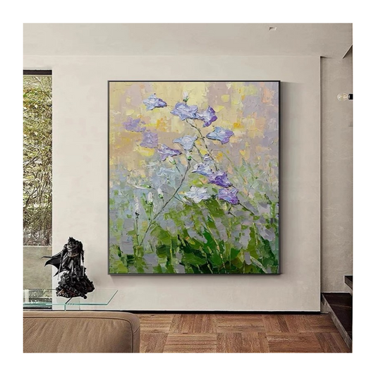 Abstract floral painting on a wall in a modern interior setting