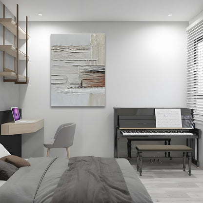 Modern bedroom with a bed, piano, and abstract wall art.
