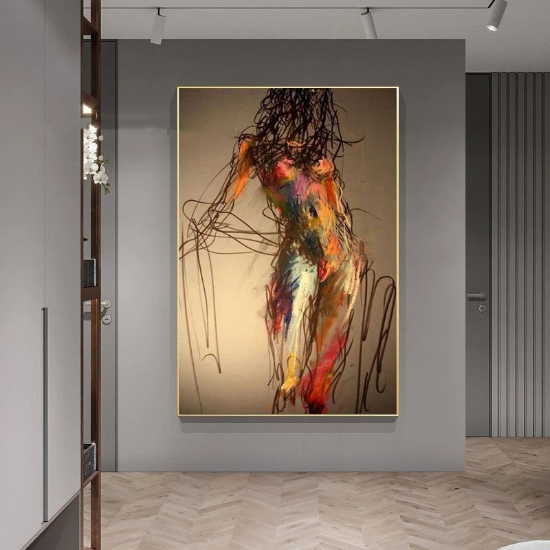 Abstract painting of a nude figure in vibrant colors on a beige background, displayed in an interior setting.