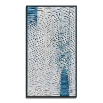 Abstract art piece with wavy patterns in blue and white on a white background