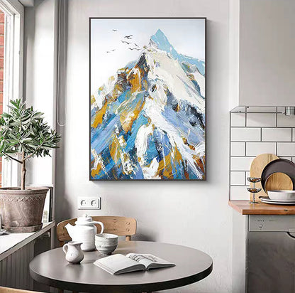 Abstract mountain painting in a modern kitchen setting