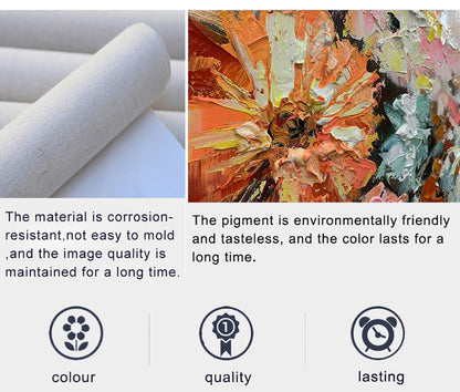 Roll of paper with a close-up of a colorful painting, text about material properties, and icons for color, quality, and lasting.