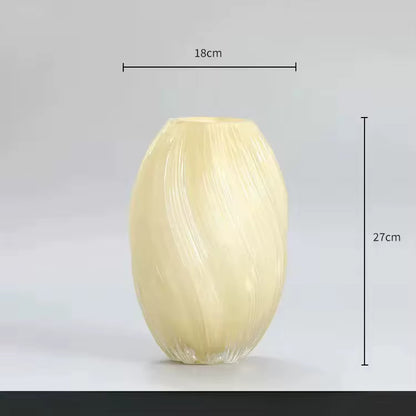 Beige textured vase with dimensions on a gray background