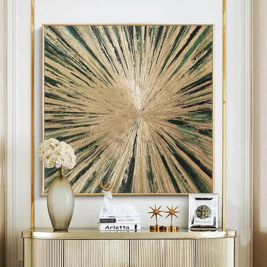 Abstract art piece with放射性图案 on a wall above a console table with decorative items.