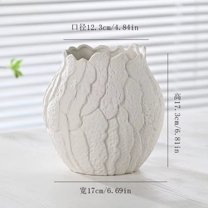 White textured vase with dimensions on a light background