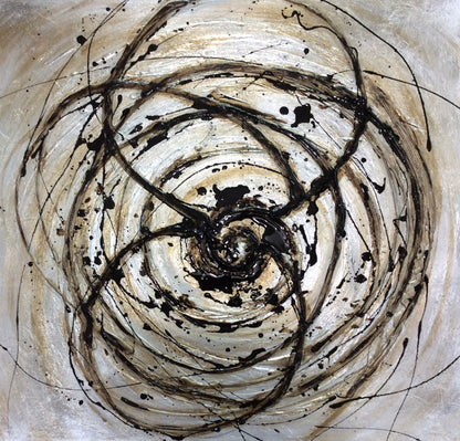 Abstract art with swirling black lines on a beige background