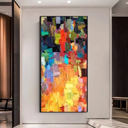 Colorful abstract painting on a wall in a modern interior setting