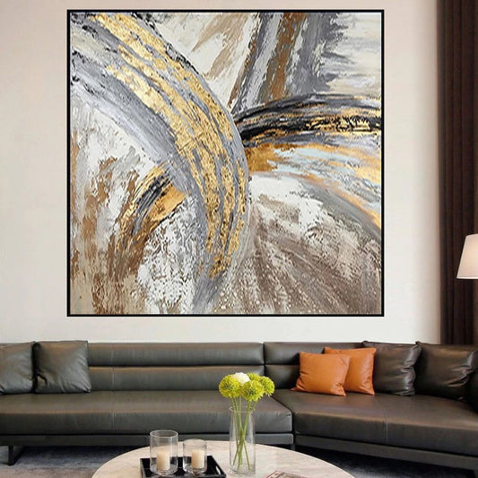 Abstract art painting in a modern living room with a sofa and coffee table.